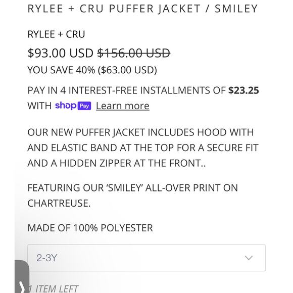 Rylee + Cru Smiley Puffer Jacket 2-3 NWT - Picture 3 of 6